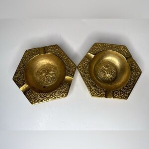 Set of 2 Vintage Solid Brass Hexagon Ashtrays Engraved Floral Hollywood Regency